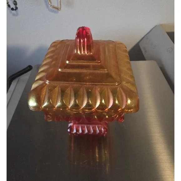 Mystery Jewelry Jar in Jeanette Amberina Glass Dish With Lid Red Yellow Pedestal - Picture 2 of 8